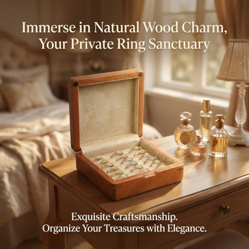 Solid Teak Wood Ring Box, Earring Holder Organizer - color: Khaiki Velvet, size: Small (5"L*5"W*2"H)