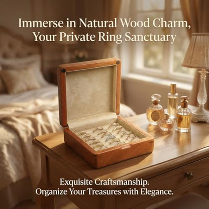 Solid Teak Wood Ring Box, Earring Holder Organizer - color: Khaiki Velvet, size: Small (5"L*5"W*2"H)