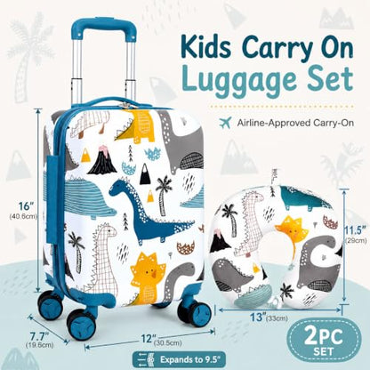 Dinosaur Kids Carry-On Luggage, 2PC Suitcase for Boys, 16" Rolling Set - color: 2PCS Boys White Dinosaur Luggage Set