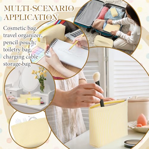 Huhumy 3Pieces Cute Seersucker Makeup Bag Set for Women, Yellow, Stripe - color: Yellow, style: Stripe