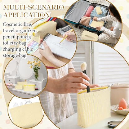 Huhumy 3Pieces Cute Seersucker Makeup Bag Set for Women, Yellow, Stripe - color: Yellow, style: Stripe