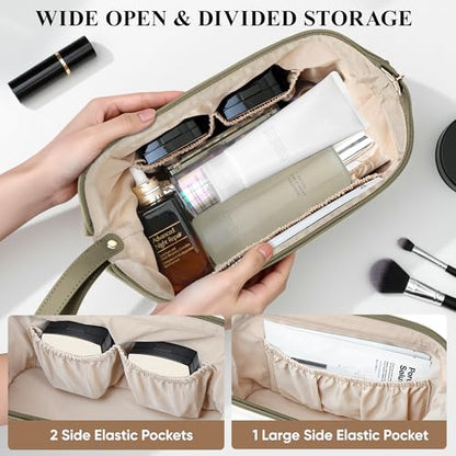 Travel Makeup Bag, Double Layer Cosmetic Bag for Women, Beige Olive - color: Beige & Olive Green, size: Large
