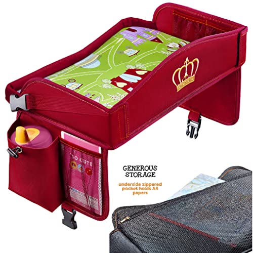 Coolmum 2-in-1 Kids Toddler Travel Tray & Back Seat Organizer — Foldable Waterproof Car Tray with Tablet Holder, Cup Holder, Storage Pockets for Road Trips & Airplane (Premium Red) - color: Premium Red
