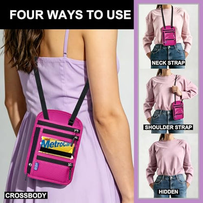 Passport Holder for Travel-RFID Blocking Neck Wallet-Money Pouch - color: Magenta
