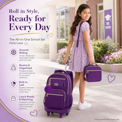 3Pcs Rolling Backpack for Girls Women, 19 Inche Adults Roller Backpacks with Wheels, School Wheeled Bookbag with Lunch Box(Deep Purple) - color: Deep Purple