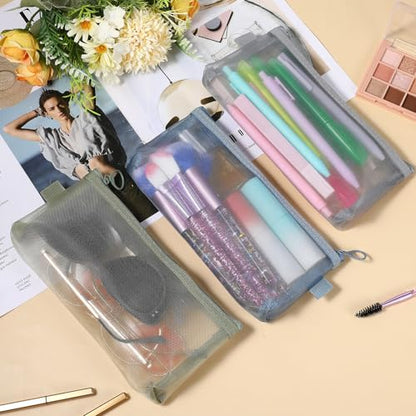 Yuanchu 3 Pcs Mesh Makeup Brush Bags, Small Mesh Bags Portable Pouch Bag - color: Gray, Blue, Green