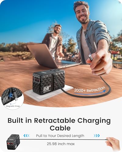 LENCENT 85W Universal Travel Power Adapter with Retractable USB C Cable - color: Black, size: 85W-1A3C-with Retractable Cable