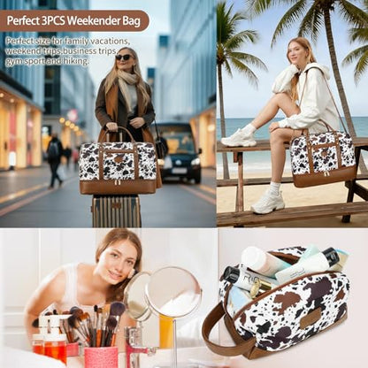 3PCS Weekender Bags for Women Large Overnight Bag, Brown Cow - color: Brown Cow