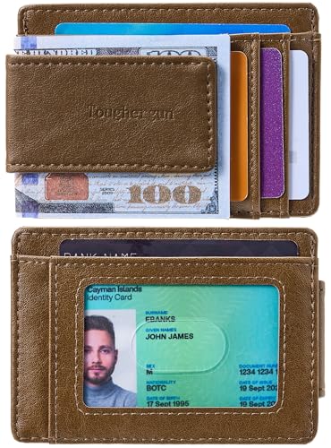 Toughergun Slim Wallet for Men RFID Blocking Money Clip, Minimalist Front Pocket Credit Card Holder, Magnetic Thin Mens Wallets with ID Window - color: Wax Brown
