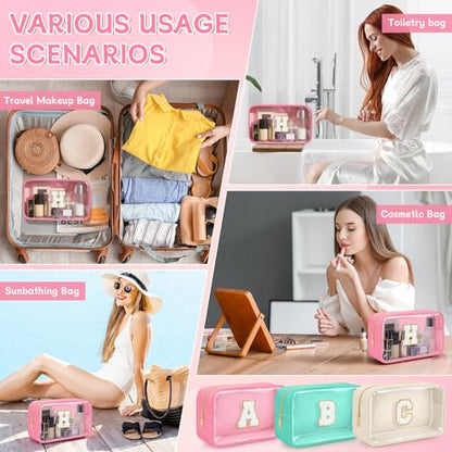 Initial Clear Makeup Bag, Birthday Gift Chenille Patch Cosmetic Bag - color: Pink, size: H