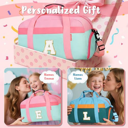 Initial Kids Duffle Bag for Boys or Girls, Kids Overnight Bag with Shoe Compartment, Personalized Weekender bags, Birthday Gifts for Women Boys Girls(Pink Green-Letter E) - color: Pink Green, style: E