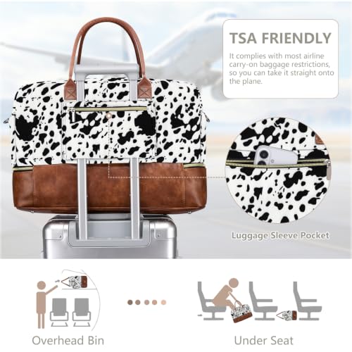 Large Women Travel Weekender Bag: Carry on Duffle with Shoe Compartment - color: Black Cow Print