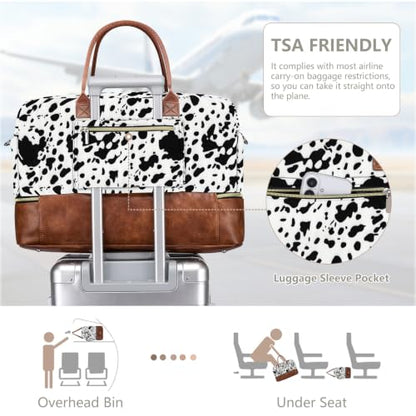Large Women Travel Weekender Bag: Carry on Duffle with Shoe Compartment - color: Black Cow Print