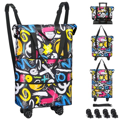 Duffel Bag with Wheels - Rolling Foldable Expandable Duffle Bag with Wheels for Travel, Rolling Luggage Carry On Bag with Wheels, Large Rolling Backpack Weekend Bags for Men Women (Black) - color: Graffiti