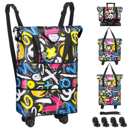 Duffel Bag with Wheels - Rolling Foldable Expandable Duffle Bag with Wheels for Travel, Rolling Luggage Carry On Bag with Wheels, Large Rolling Backpack Weekend Bags for Men Women (Black) - color: Graffiti