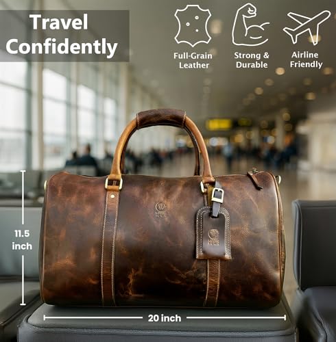 Leather Duffle Bag for Men - Full Grain Travel Weekender, Brown 20 Inch - color: Brown