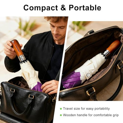 Large Golf Umbrella 54 Inch Compact Folding Auto Close Wood Handle Rain - color: Purple