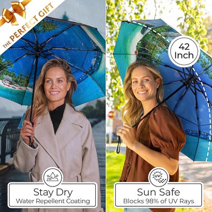 TUMELLA Strongest Windproof Travel Umbrella (Compact, 100MPH Wind-Tested), Light, Portable, One-Handed Use, Automatic Folding Rain Umbrella, Durable, Premium Grip, Fits Car & Backpack - color: Beach Life