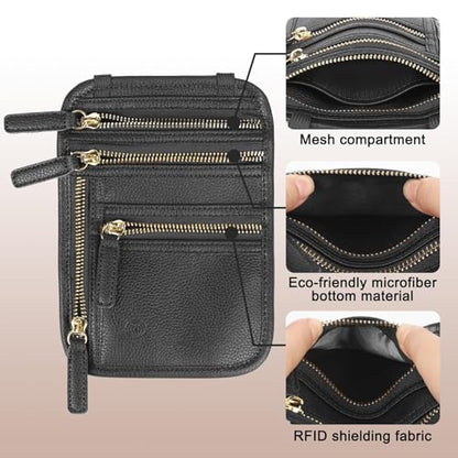 Neck Wallet for Traveling Women Men, RFID Blocking Leather Travel Pouch - color: Raven Black