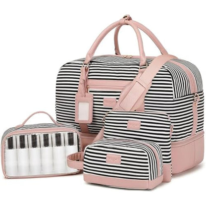 4PCS Weekender Bags for Women Large Overnight Weekend Travel Duffel Bags - color: Pink Stripe