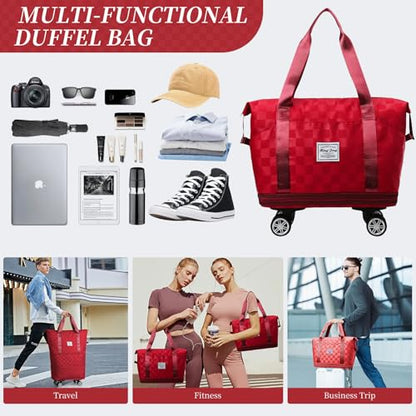 Rolling Duffle Bag with Wheels Expandable Foldable Travel Duffel Bag Checkerboard Carry on Luggage Bag Weekender Bag for Men Women - color: Red+Shoe Bag
