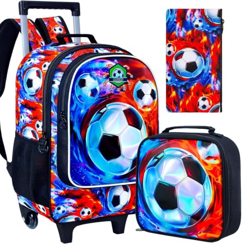 3PCS Rolling Backpack for Boys, Kids Roller Bookbag with Wheels, Soccer Wheeled School Backpack for Elementary Preschool Kindergarten(Fire-Ice) - color: Soccer Red