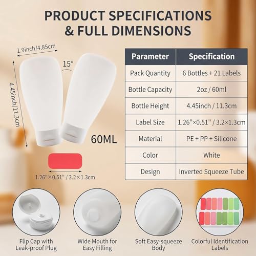 6 Pack 60ml/2oz Frosted Clear Travel Squeeze Tubes, PE Flip Cap Refillable Empty Toiletry Containers with Label Stickers for Toothpaste, Facial Cleanser, Hand Cream - size: 60ML/2oz
