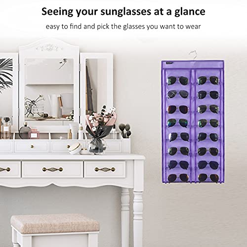 Dual Sided Hanging Sunglasses Organizer Wall Eyeglass Holder Sunglass Rack for Home with 32 Dust Proof Pockets (32 Pockets-Purple) - color: 32 Pockets-Purple
