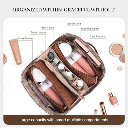 Travel Makeup Bag for Women: 3 Pcs Set Vagen Leather Cosmetic Bag - color: 07Brown