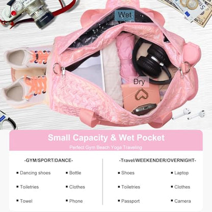 Gym Travel Duffle Bag for Girls - Gymnastics Sports Dance Bag with Shoe Compartment & Wet Pocket Starry Sky Kids Travel Bag Teens Weekender Sleepover Carry On Bag - color: Pink Butterfly