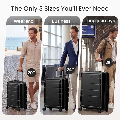 SHOWKOO G-Series Luggage set 3pcs, 100% PC Durable Hardshell Suitcase - color: Black, size: 3-Piece Set (20/24/28in)