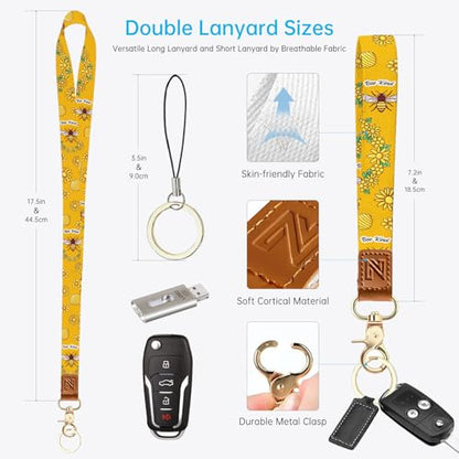 2-in-1 ID Badge Holder & Lanyard Wallet，Cute Zippered Pouch Bee Kind - color: Bee Kind