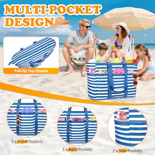 Large Beach Bag with Zipper, 12 Pockets Waterproof Sandproof Pool Bag Womens Mesh Beach Tote Bag for Travel Vacation - color: Navy Blue