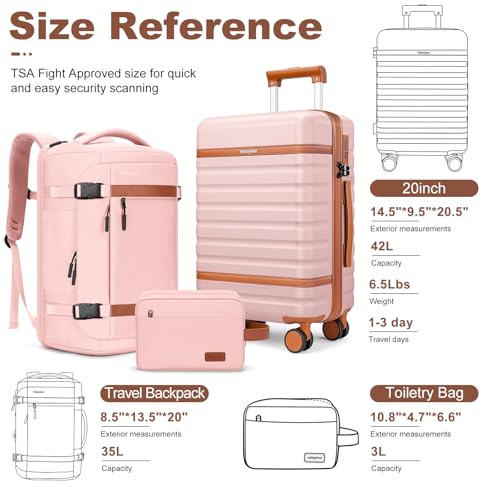 20" Carry On Luggage Set 3 Piece With Travel Backpack, YKK Zippers - color: Pink, size: 3 Piece Set (20inch)