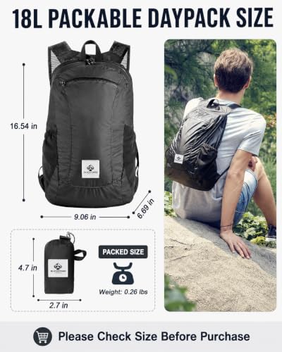 18L Packable Daypack, Lightweight Foldable Backpack for Travel, Airplane Carry On, Hiking, Camping, Water-Resistant Small Backpack for Men Women (Black) - color: Black