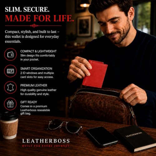 Leatherboss Slim Thin Leather Credit Card Id Mini Wallet Holder Bifold Driver's License Safe (Red) - color: Red