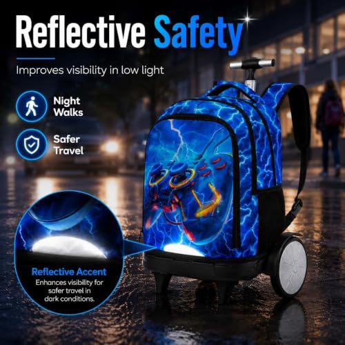 KLFVB Big Quiet-Glide Wheels Roller Bag, 3-in-1 Rolling Backpack Set with Lunch Bag | Water-Resistant Wheeled Bookbag for Boys, School, Travel, Play - Lightning Game Controller - color: Rolling Backpack With Big Wheels - Lightning Game
