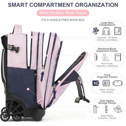 NEW TILAMI 18 Inch Expandable Rolling Backpack Stair-Climbing for School - color: Pink