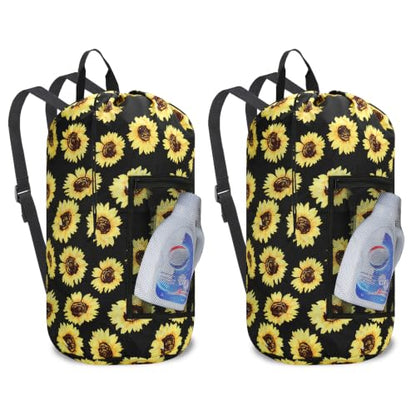 Laundry Backpack Portable Travel Laundry Bags with Straps and Mesh Pocket - color: Sunflower, size: 2 Pack
