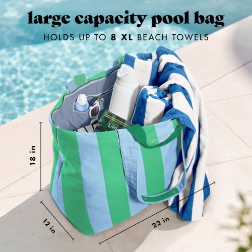 Fit & Fresh All The Things XL Beach Bag for Women, Oversized Travel Tote - color: Blue & Green Stripe