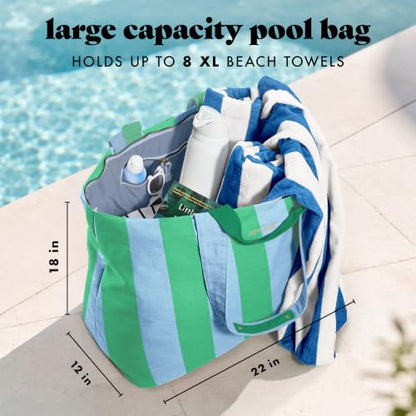 Fit & Fresh All The Things XL Beach Bag for Women, Oversized Travel Tote - color: Blue & Green Stripe
