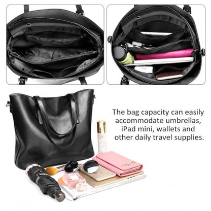 Pahajim Womens PU Leather Tote Handbag Shoulder Purse with Crossbody Strap - color: 2black