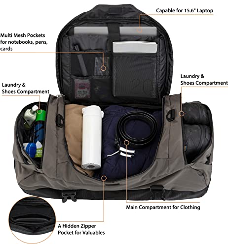 Ubon Convertible Duffel Backpack Weekender Gym Bag with Shoe Compartment - color: Grey, size: 45L