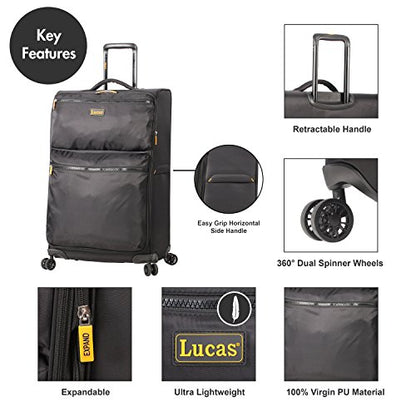 LUCAS Designer Luggage Collection - Expandable 28 Inch Softside Bag - Durable Large Ultra Lightweight Checked Suitcase with 8-Rolling Spinner Wheels (Black) - color: Black