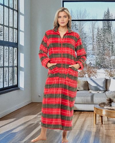 Women's Long Sleeve Plush Fleece Zip Up Robe, Zipper Bathrobe - color: Autumn Harvest Plaid, size: 2X