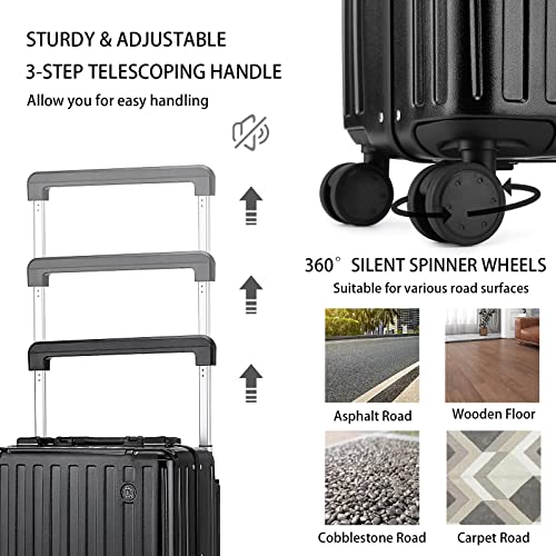 Somago Aluminum Frame 18" Carry On Luggage Wide Handle Suitcase Built-In Double TSA Lock Hardside Lightweight PC Travel Suitcase with Spinner Wheels, Black - color: Black, size: 18 Inch Carry On