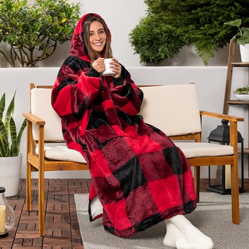PAVILIA Blanket Hoodie for Women Red, Sherpa Wearable Blanket Men, Cozy Oversized Sweatshirt Blanket, Warm Fleece Hooded Blanket Sweater with Sleeves and Giant Pocket, Adult Long, Plaid Red - color: Plaid Red