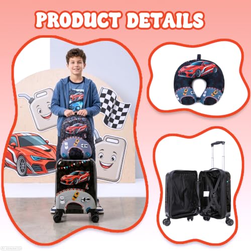 Kid's Luggage Set 4 Piece Suitcase Set Hardside Luggage with Spinner Wheels Boys Carry on Toddler Travel Rolling Suitcase with Hard Shell Airline Approved - color: Black Car