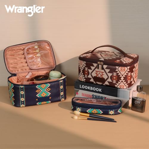 Wrangler Travel Makeup Bag 2pcs Set Cosmetic Bag with Makeup Brush Holder - color: Aztec-Blue