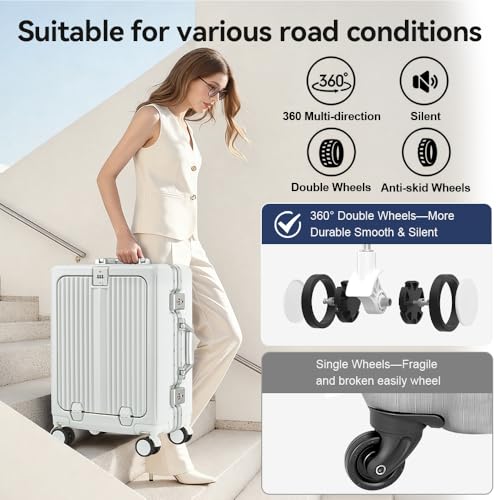 Aluminum Frame Carry On Luggage with Front Pocket, White - color: White, size: 20 Inch